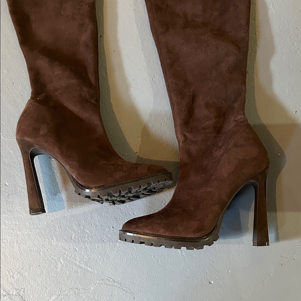 JLo, Jennifer Lopez Elegant Brown Suede Stretch Over the Knee Women's Boots, 9M - Picture 2 of 8